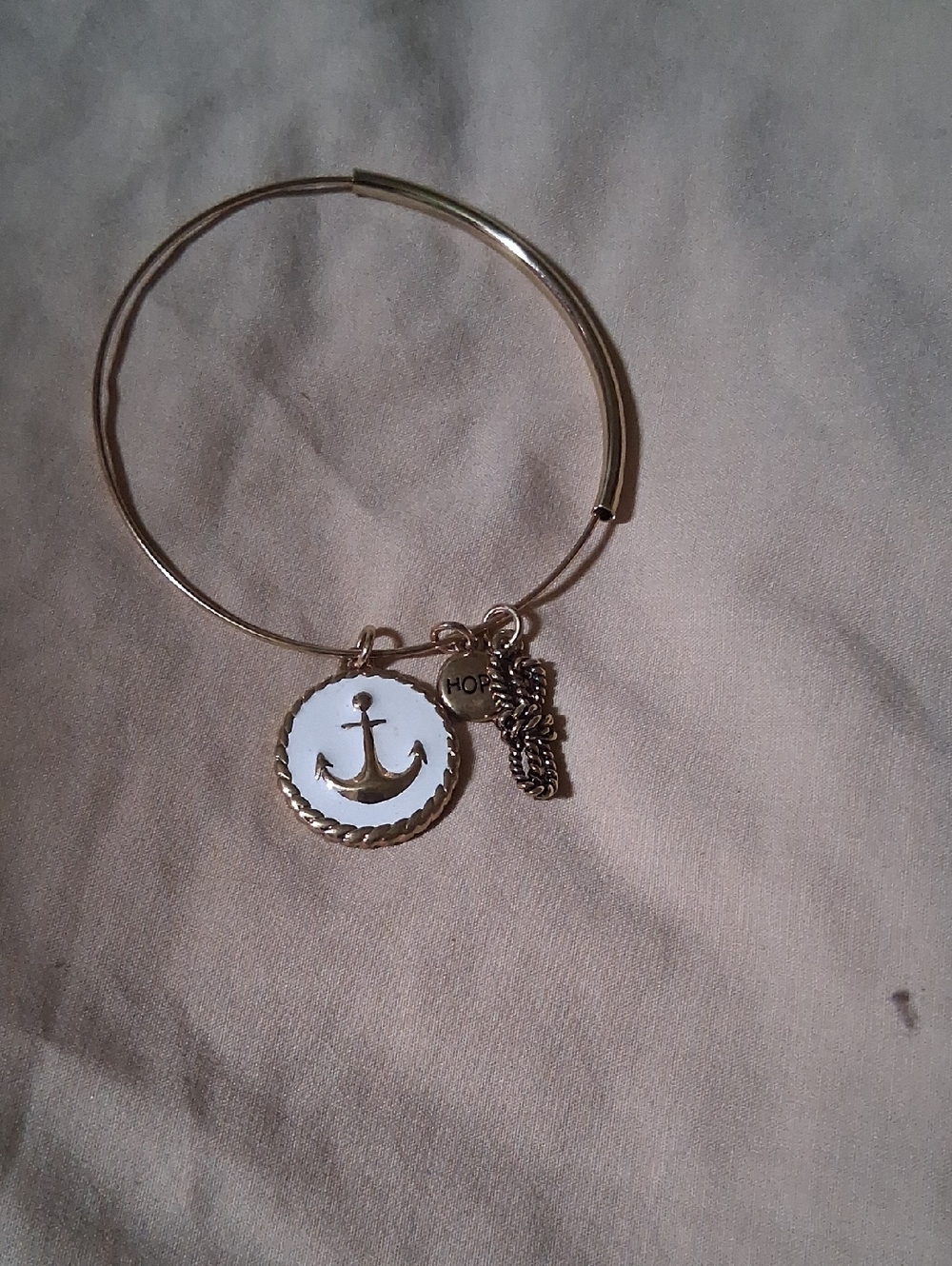 Gold Anchor Charm Bangle Bracelet with White Enamel